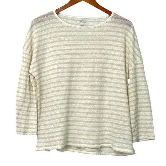 J.Crew 100% Linen Tee Top Tan White Striped Boxy Relaxed 3/4 Sleeve Slub Size M - Picture 8 of 8